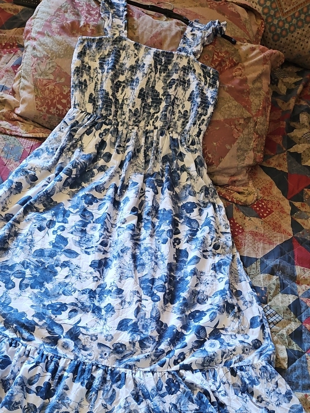 Smocked Blue Floral Maxi Dress with Ruffle Straps